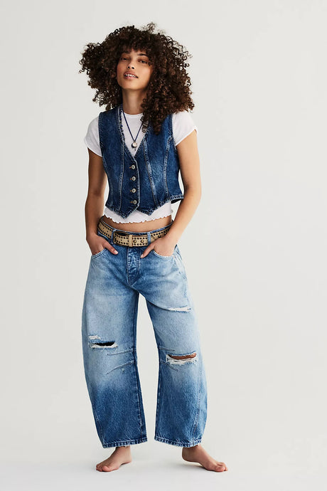 Free people We The Free Good Luck Mid-Rise Barrel Jeans/Barnyard Blue