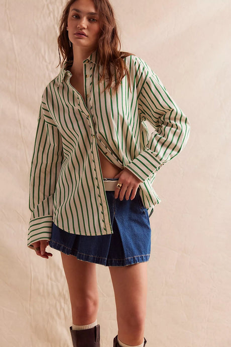 Free People We The Free Striped Varsity vibes Shirt/Green Combo