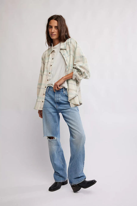 Free People We The Free Good Luck Mid-Rise Barrel Jeans/ Cambridge