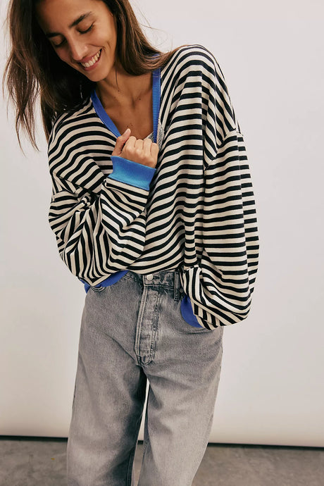 Free People Classic Striped Oversized Crewneck/ Black Combo