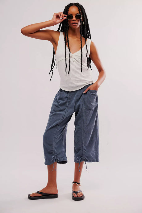 Free People Gianna Ruched Gaucho Pull-On Pants /Blue Mirage