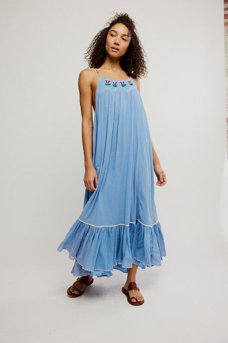 Free People Tip Toeing Tulip Midi Dress/Dusty Blue Combo