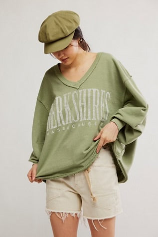 Free People We The Free Venice V-Neck Graphic Sweatshirt/Oil Green