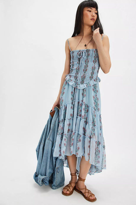 Free People Alejandra Midi Dress/Soft Blue Combo