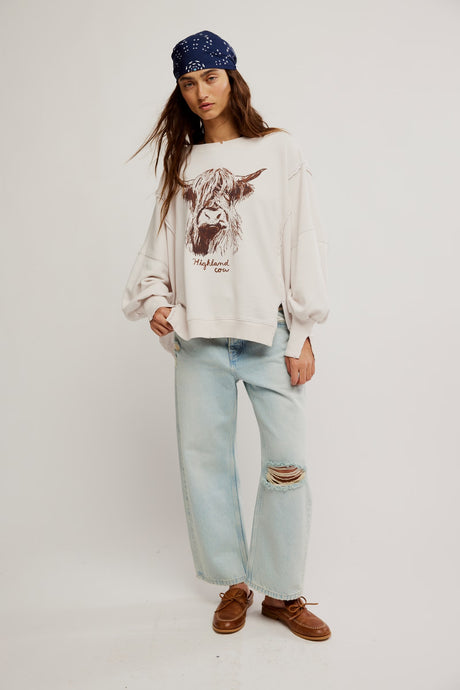 Free People We The Free Graphic Camden Pullover/Highland Cow Combo