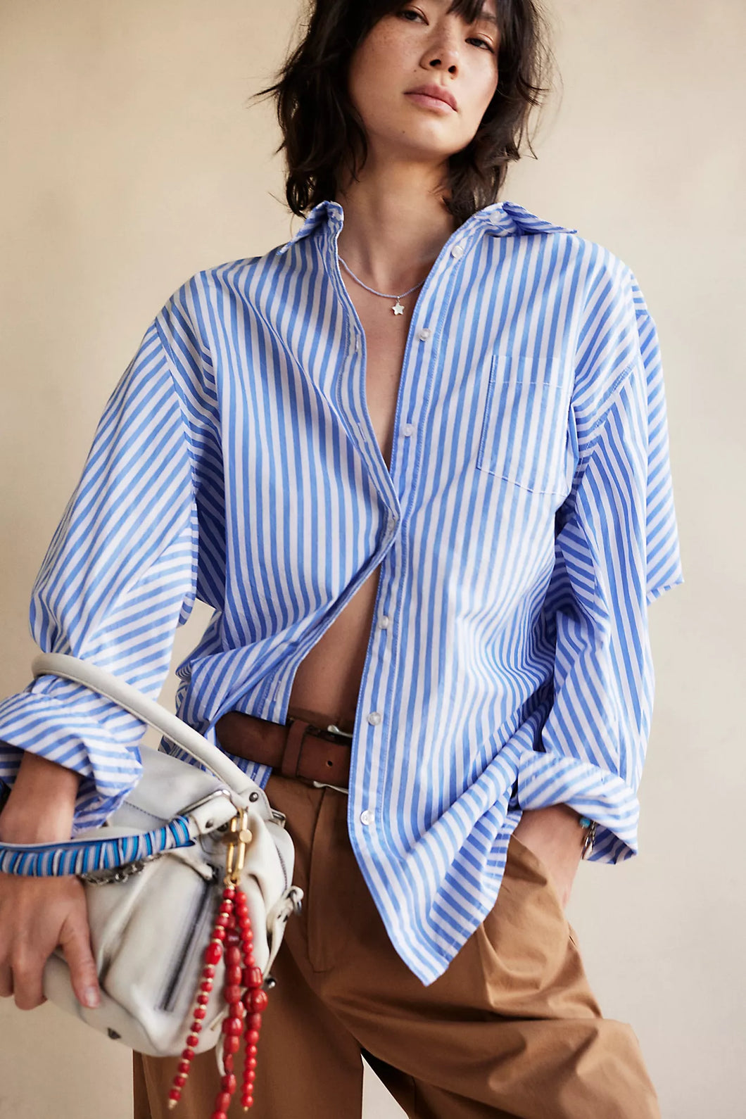 Free People Sabine Striped Articulated Shirt/Oxford Stripe - Blue Combo