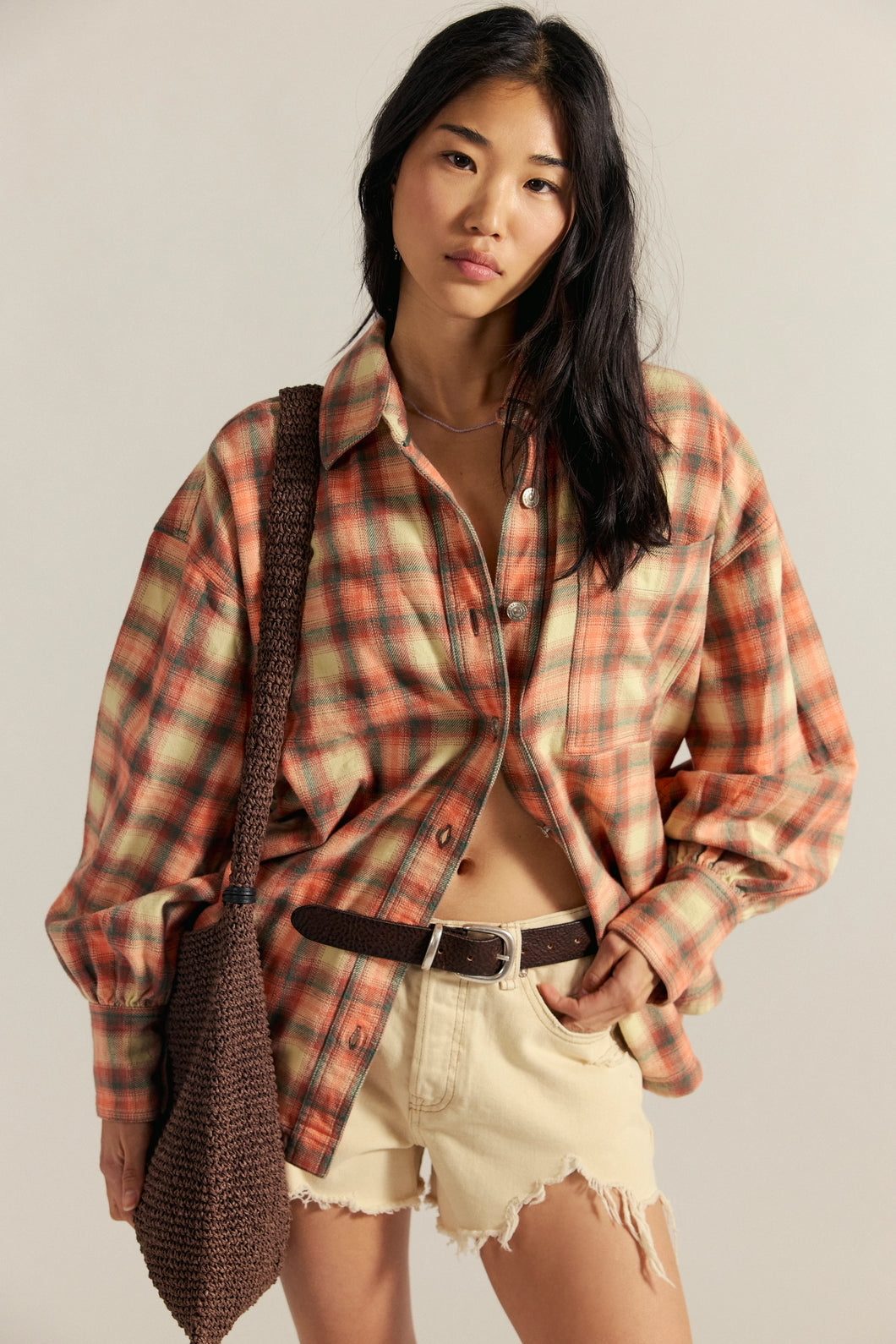 Free People We The Free Ashley Plaid Shirt/Sand Combo - Gia Plaid