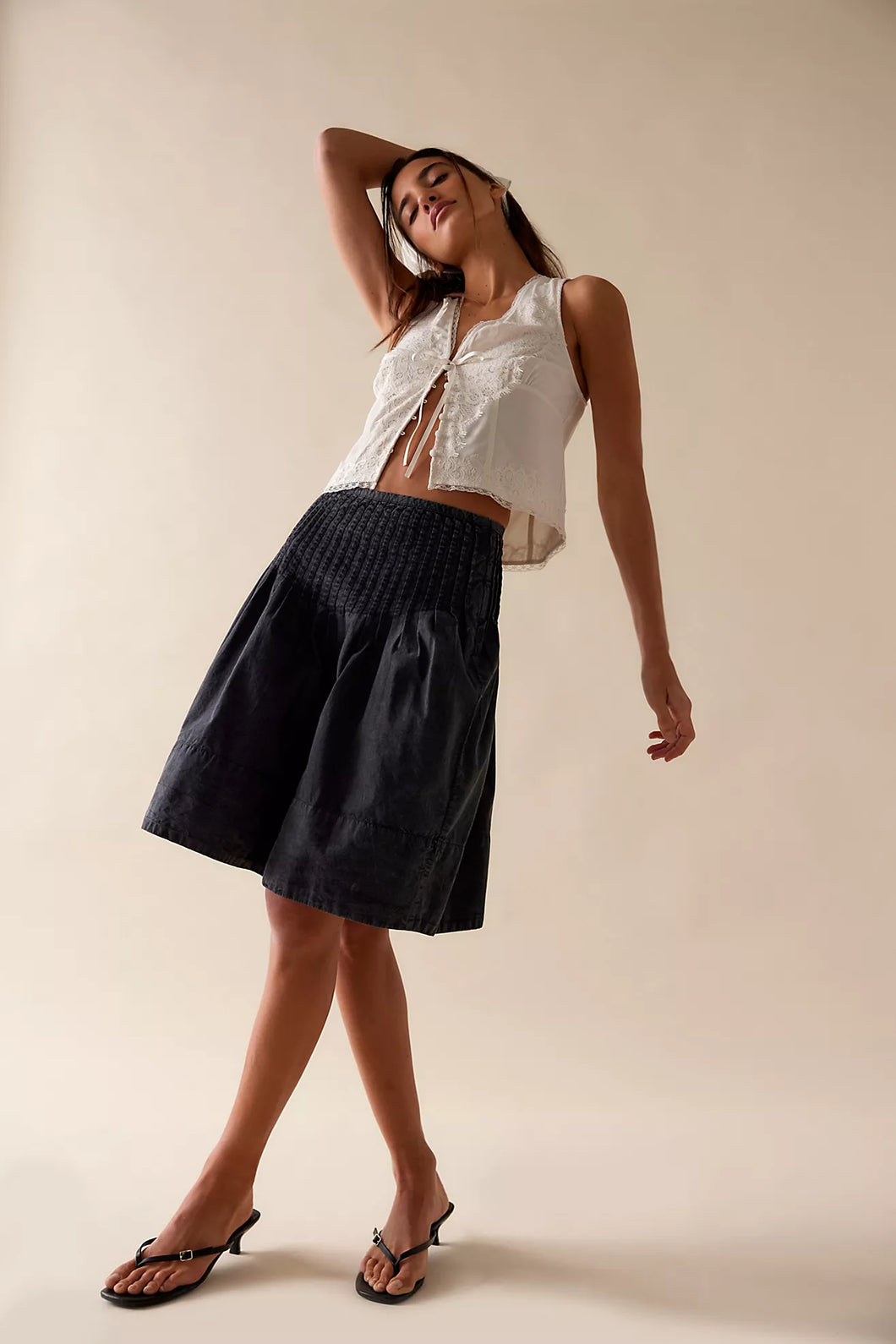 Free People Peyton Pintuck Midi Skirt/Washed Black