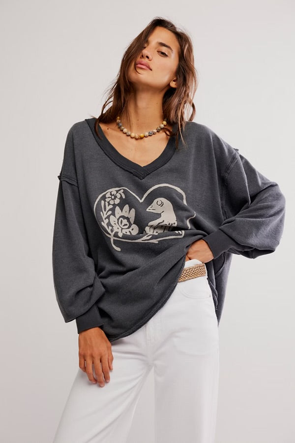 Free People We The Free Venice V-Neck Graphic Sweatshirt/Black Bird