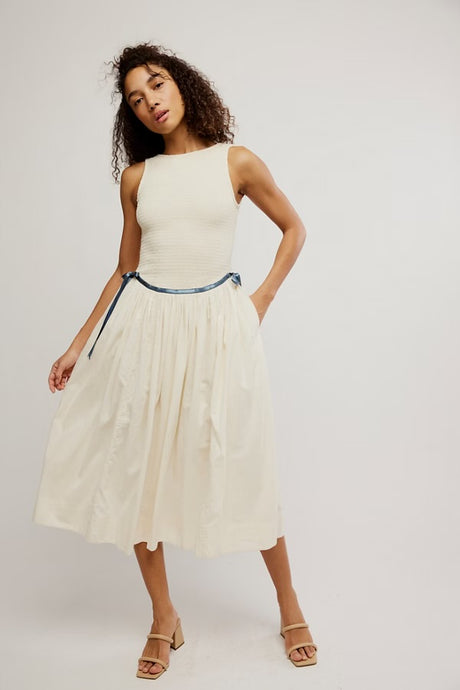 Free People Nightingale Seersucker Midi Dress/Tea Navy Combo
