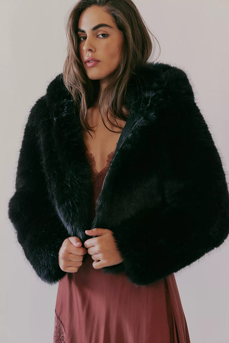 Free People Louder Please Hooded Faux Fur Jacket/Black