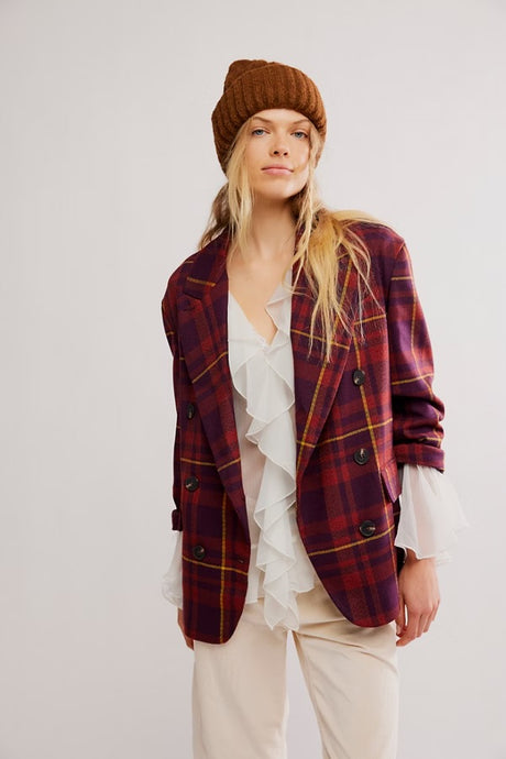 Free People Dean Double-Breasted Blazer/ Plum Combo