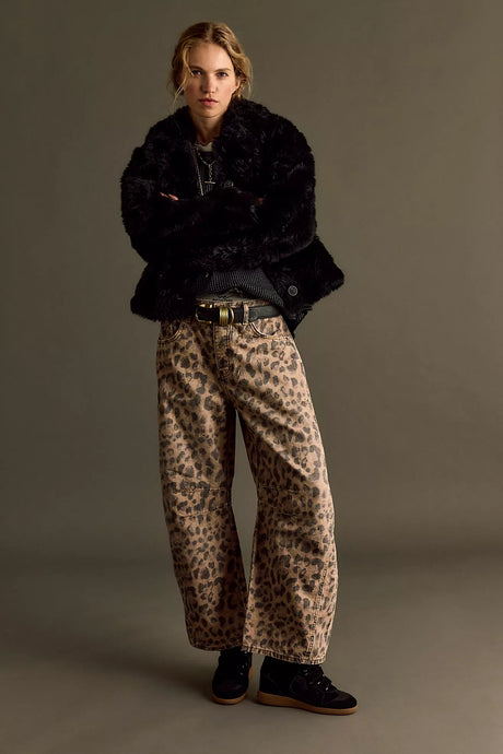 Free People We The Free Good Luck Printed Barrel Jeans/Leopard