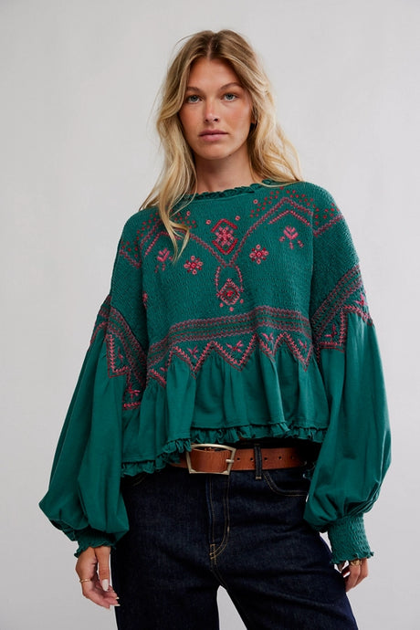 Free People Holly Long Sleeve Knit Top/Green Combo