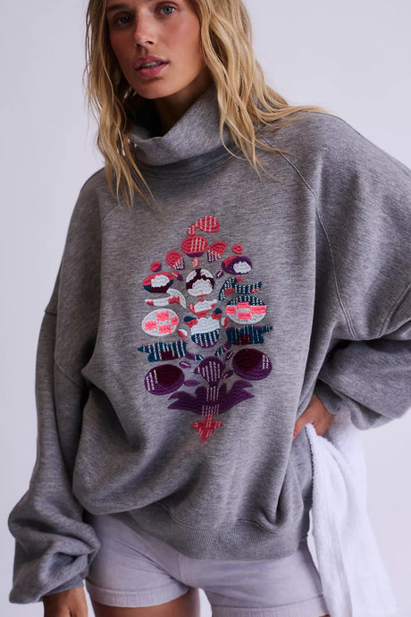 Free People On Your Mark Logo Mock Neck Pullover/Heather Grey Combo