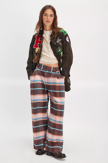 Free People Buckle Back Plaid Trouser/Brown Combo