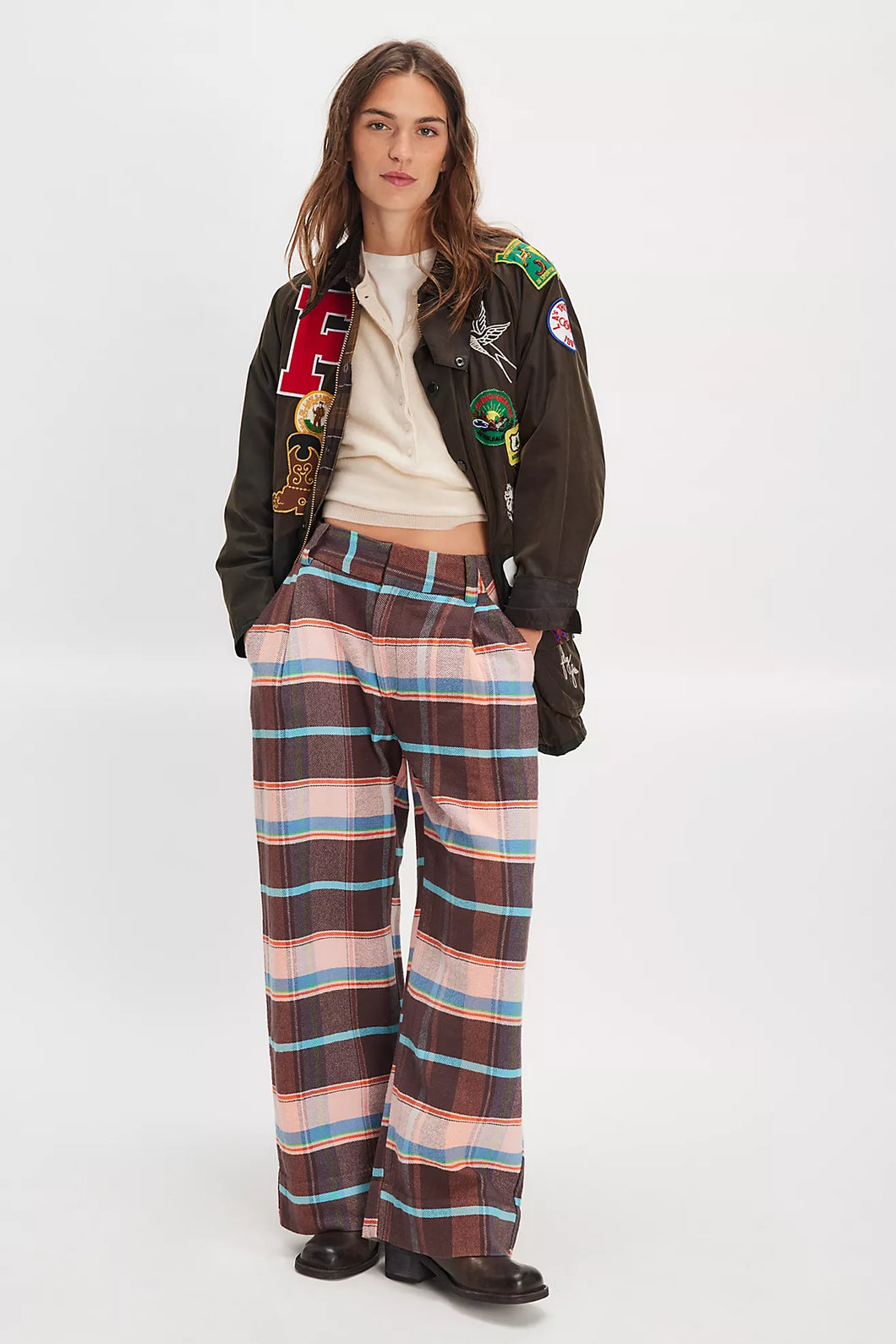 Free People Buckle Back Plaid Trouser/Brown Combo