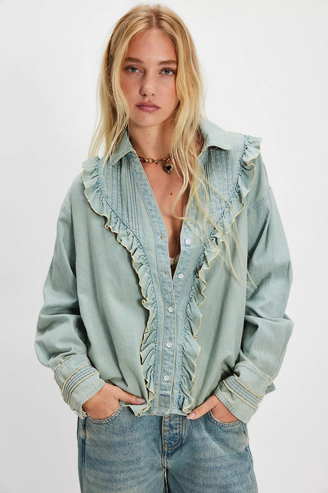 Free People We The Free Tattered And Ruffled Denim Top/Vintage Tint Wash