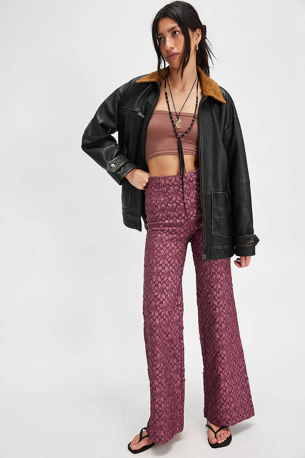 Free People Runaway Floral Flare Pants/Crushed Berry