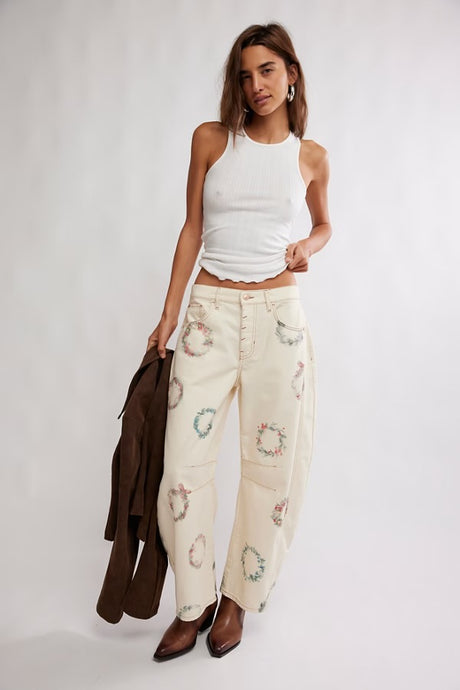 Free People We The Free Good Luck Printed Barrel Jeans/Watercolour Wreath