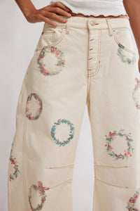 Free People We The Free Good Luck Printed Barrel Jeans/Watercolour Wreath