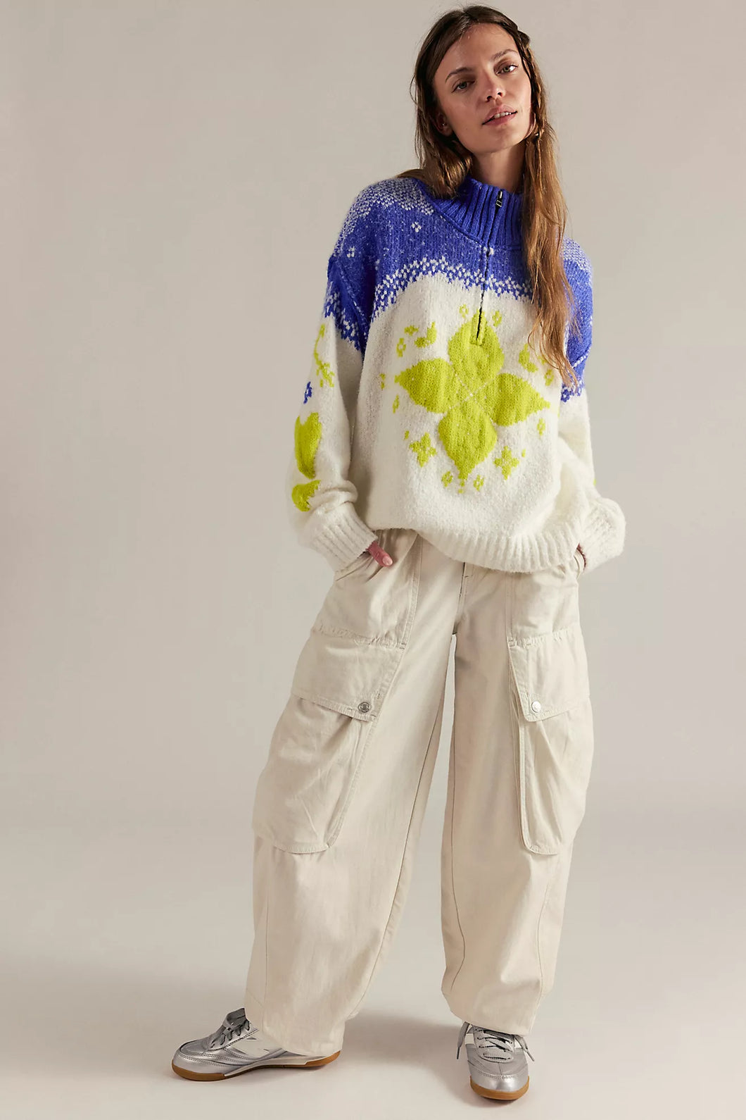 Free People Mythical Knit Sweater/Blue and Yellow Combo