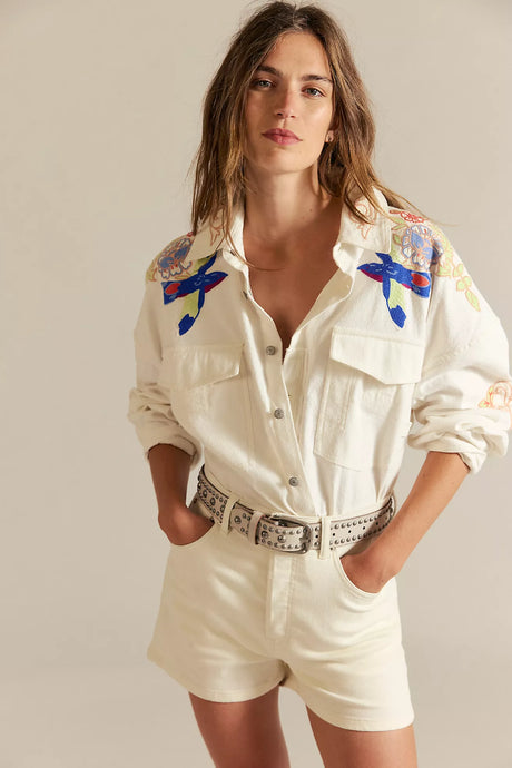 Free People We The Free Take Flight Embroidered Shirt /Snow Bell Combo