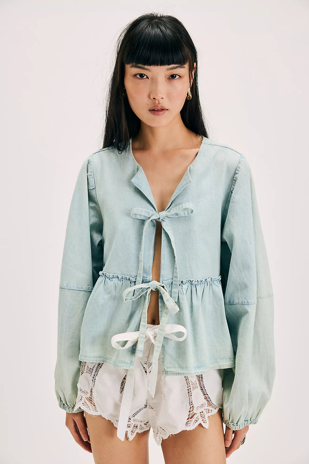 Free People Brunch Babe Denim Blouse/Light Tint Wash