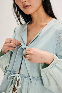 Free People Brunch Babe Denim Blouse/Light Tint Wash