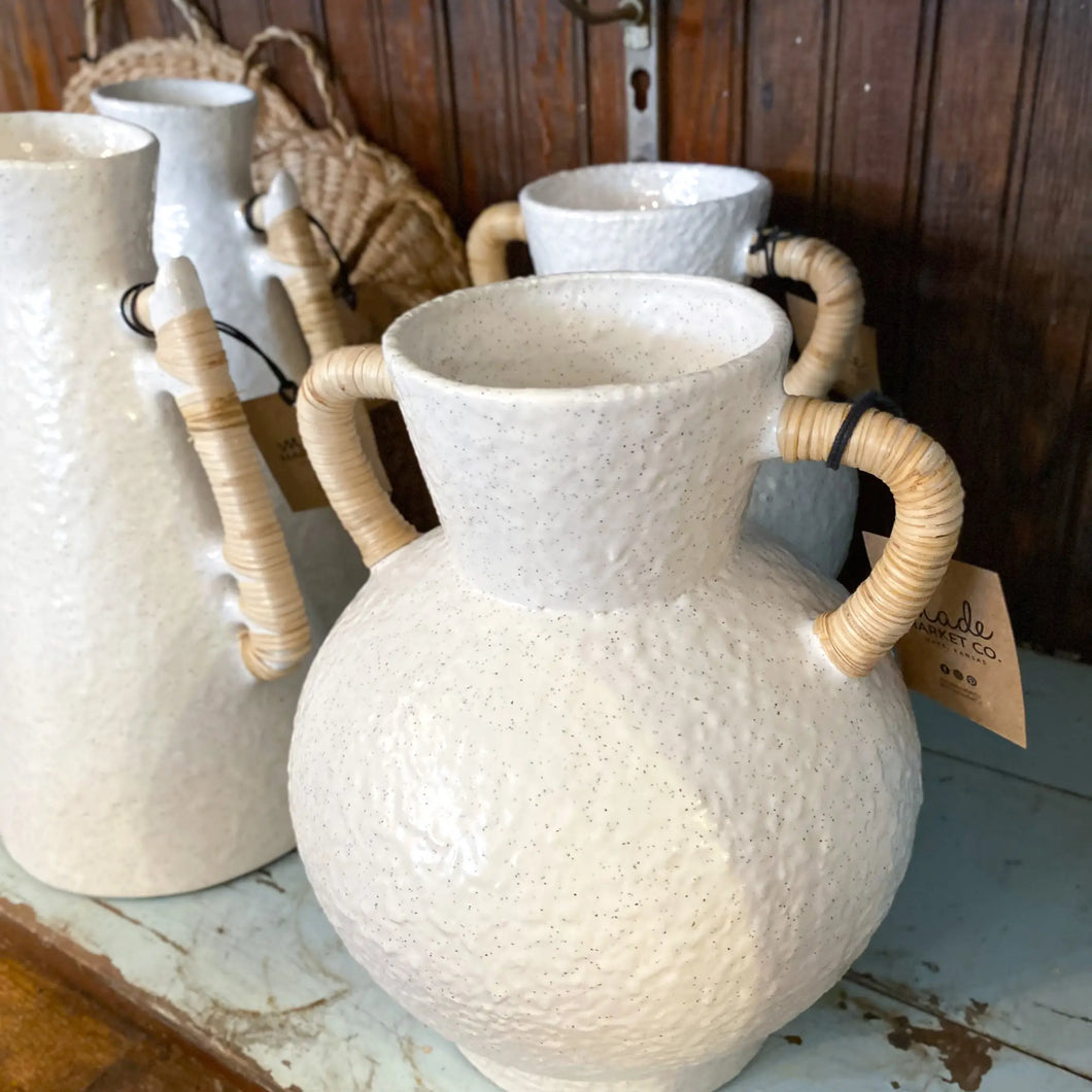Rattan Wrapped Handle Vase White Medium