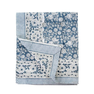 Primrose Block Print Tablecloth Grey Blue